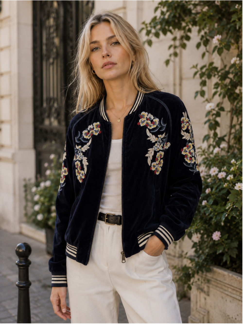 Chevignon Jacket Women S Vintage Bomber Embroidered Velvet French Heritage Navy